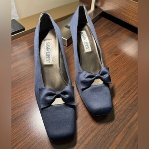 Vintage Sam & Libby Venus Navy Blue Satin Bow Square Toe Pumps Size 9M